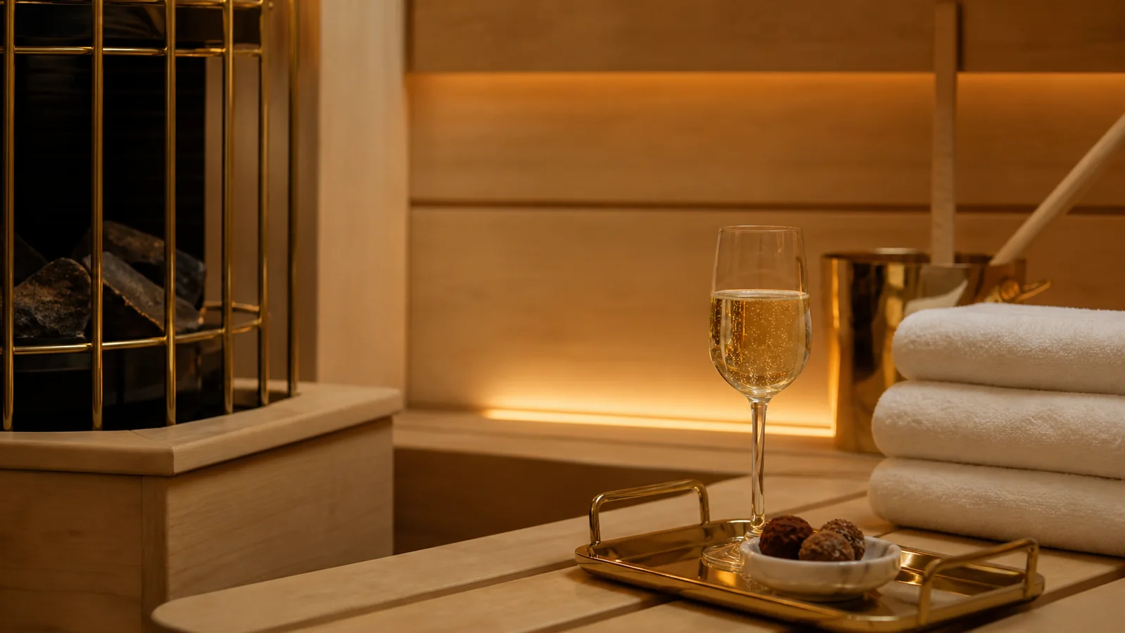 Sala de sauna privada con espumante y chocolates